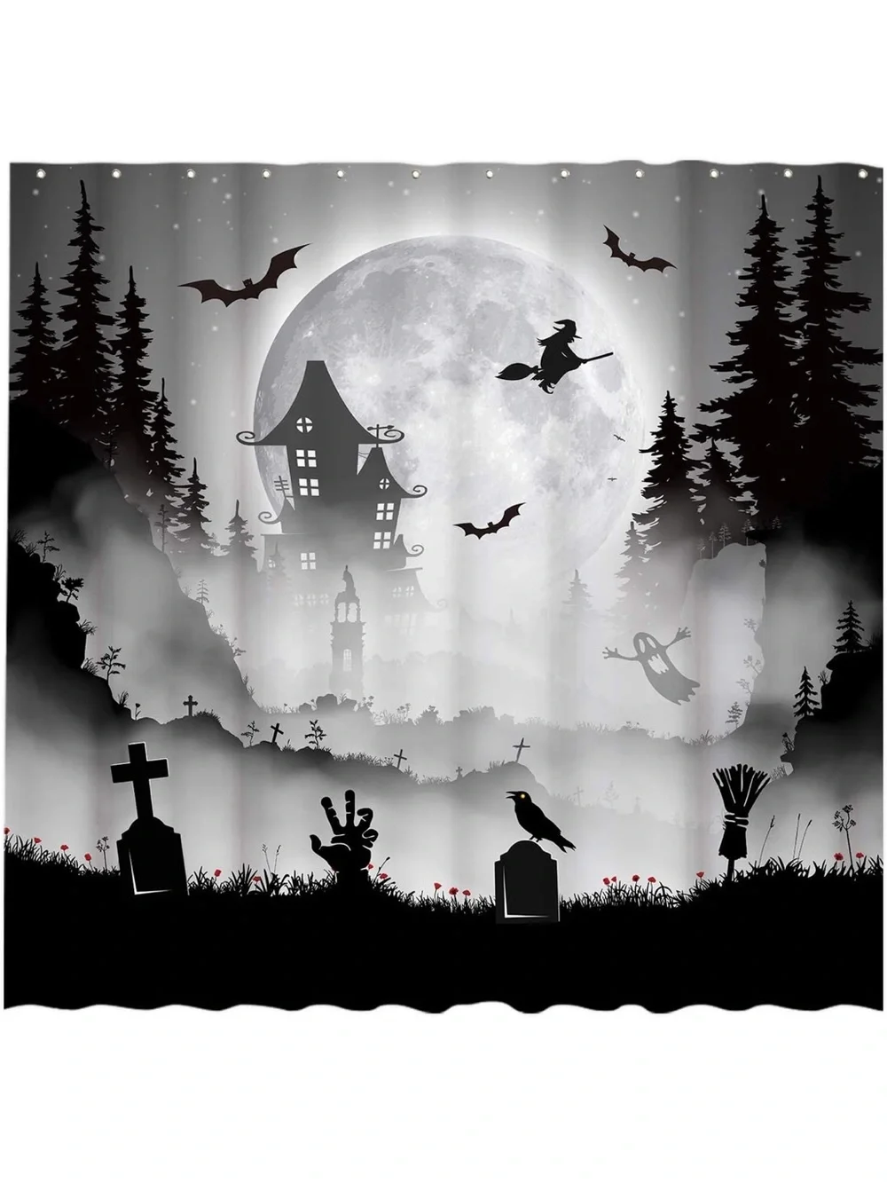 Halloween Haunted Night Shower Curtain - Black & Gray 72” by 72”